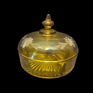 RARE Cambridge Amber Glass Etched Flower Candy Covered Divided Dish